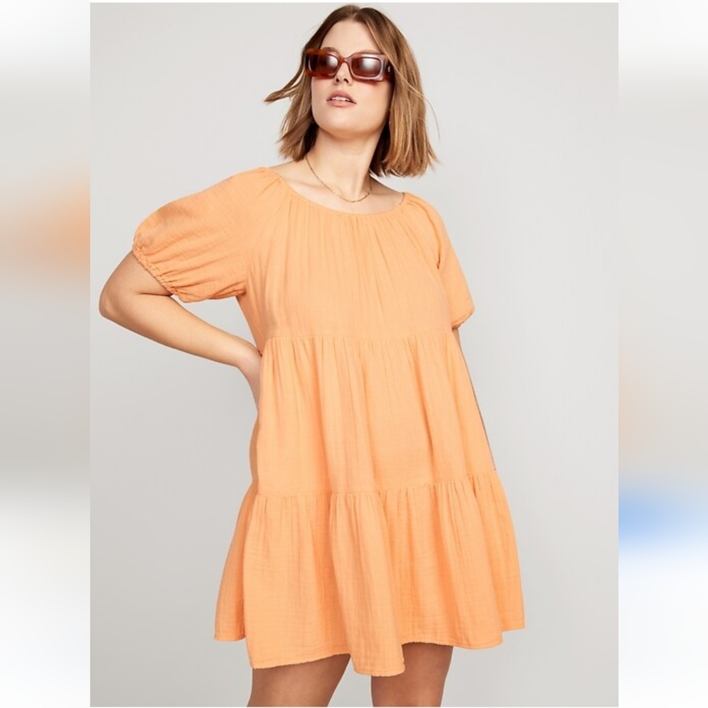 Old Navy Puff-Sleeve Tiered Mini Swing Dress New Without Tag! 100% Cotton!